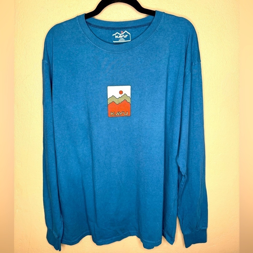 Kavu Blue Long Sleeve Shirt with Mountain Patch Print Men's XL Outdoor Nature